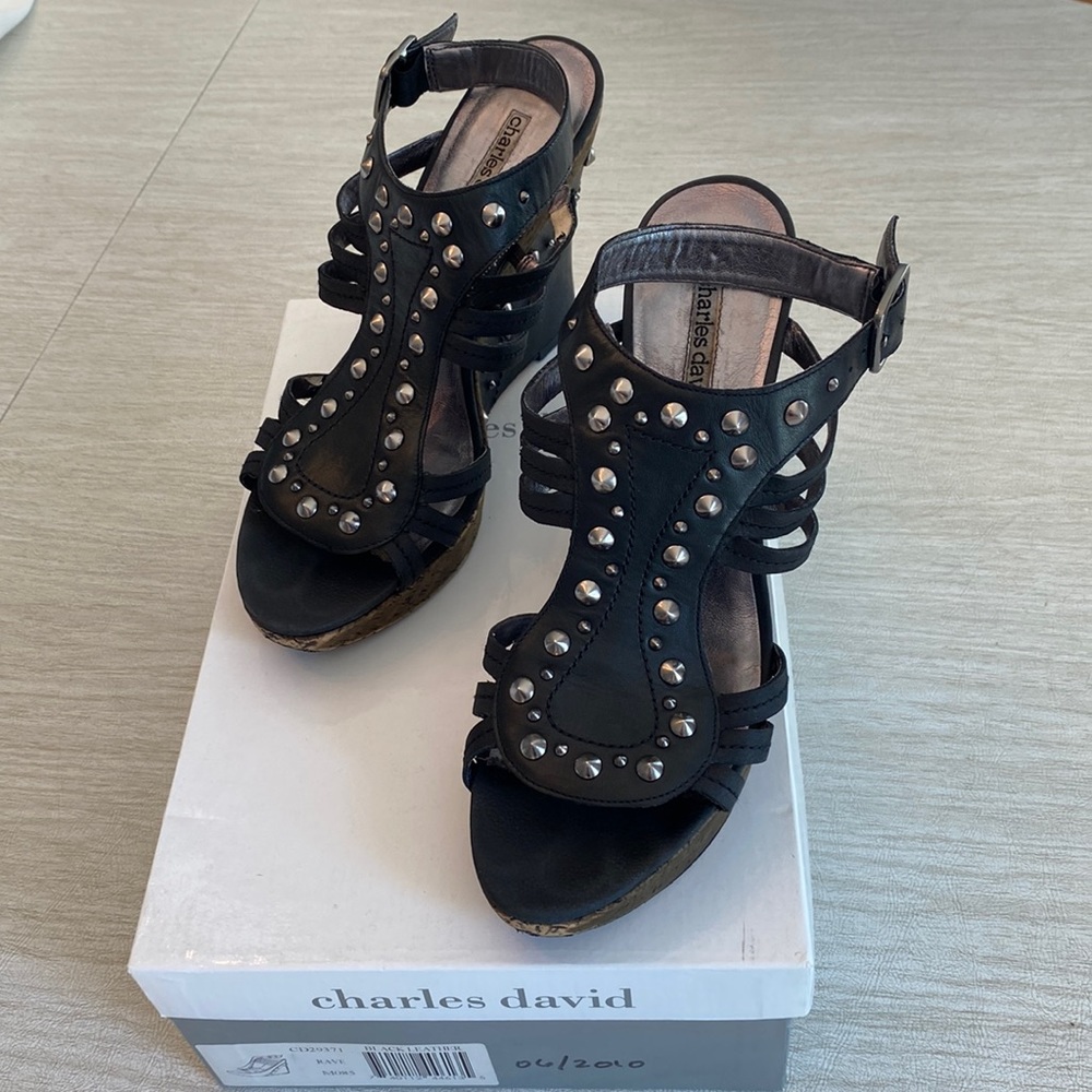 CHARLES DAVID Black Leather Rave Wedges with Silver Studs Sz 8-1/2 B